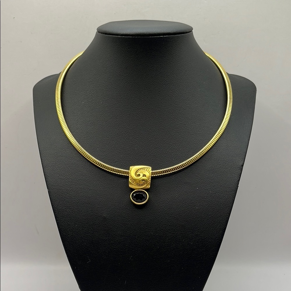 Elegant Gold Tone Choker Necklace with Celtic Swirl Style Black Pendant
